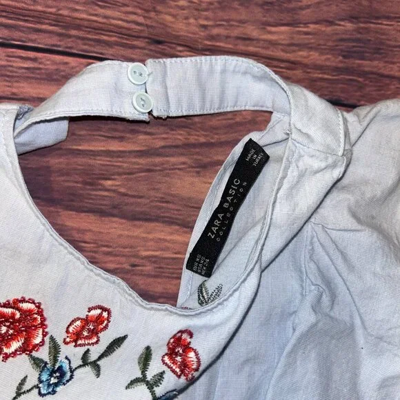 ZARA Embroidered Floral Ruffle Blouse - Light Blue Cotton - XS - Picture 8 of 10